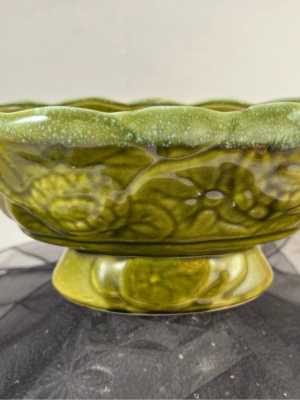 Vintage 1950 Ceramic Art Pottery Green Planter With Spring Floral decoration